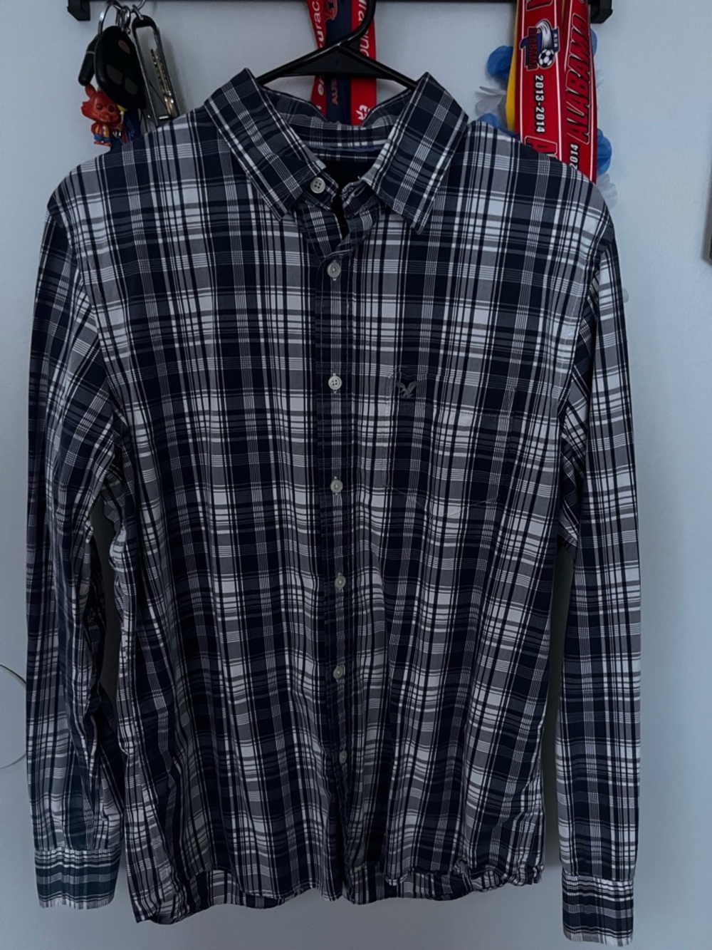 Men's American Eagle Navy and White Plaid Button-Down Shirt